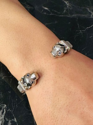 Moda Kulesi Mücevherat Gümüş Kaplan Başı Erkek Bileklik Mavi Safir Göz Beyaz Taşlı,Kararmaz Çelik Bant Detaylı, Şık Bileklik