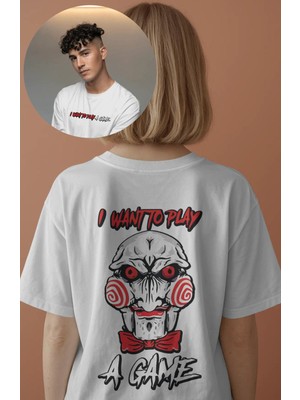 Unisex I Want To Play A Game Sırt Yazılı Tişört, Oversize Korku Filmi Testere Baskılı T-Shirt