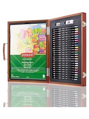 Derwent Academy Ahşap Kutuda Boyama Hediye Seti, 27 Parçalı Sanatçı Seti, Renkli Kalemler, Pastel T