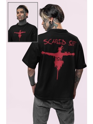 Unisex Scared Of You Sırt Yazılı Tişört, Oversize Korku Film Halloween Temalı T-Shirt