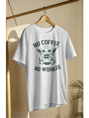 Fuddy Moda Unisex No Coffee No Workee Yazılı Tişört, Oversize Baby Yoda Temalı T-Shirt