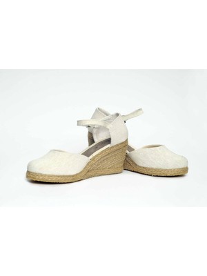 Dolgu Topuk Keten Ön Arka Düz Sandalet Ekru