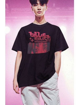 Fuddy Moda Unisex Anime Style Billie Eilish Baskılı Tişört, Oversize Müzik Temalı T-Shirt