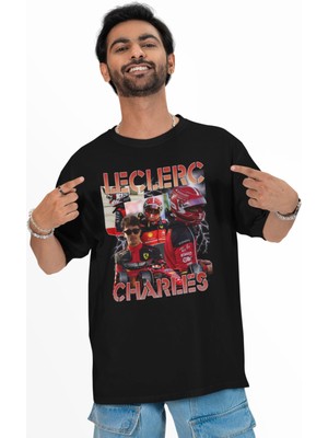 Fuddy Moda Oversize Formula 1 Pilotu Charles Leclerc Baskılı Tişört, Unisex F1 Temalı T-Shirt