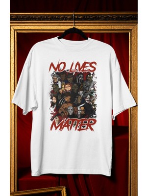 Fuddy Moda Unisex No Lives Matter Yazılı Tişört, Oversize Korku Filmi Karakterleri Hallowen Temalı T-Shirt