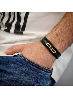 Archin Kral Aslan Temalı Dikdörtgen Figürlü 14 Ayar Altın Plakalı Siyah Derili Hediye Bileklik-437SEMBOL