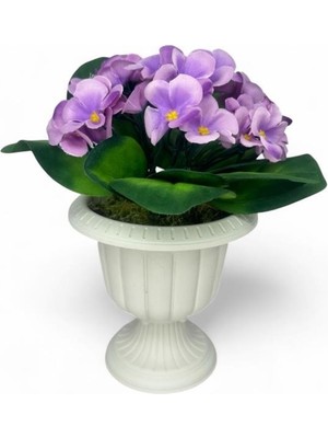 Yapay Çiçek Krem Antik Saksıda Lila Kadife Menekşe Gerçekçi Doku 22CM