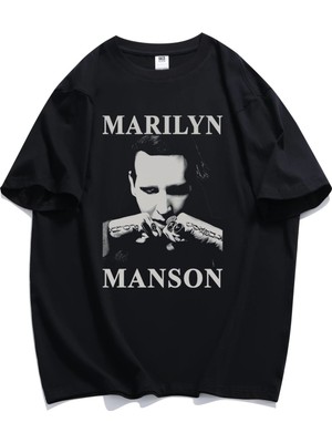 Fuddy Moda Unisex Marilyn Manson Tattooed Baskılı Tişört, Oversize Rock Müzik Temalı T-Shirt