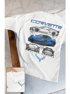Unisex Corvete Yazılı T-Shirt, Oversize Yarış Araba Baskılı Tişört