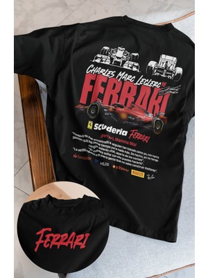 Oversize Formula 1 Leclerc 16 Sırt Baskılı Tişört, Unisex F1 Ferari Temalı T-Shirt