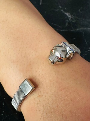 Moda Kulesi Mücevherat Gümüş Erkek Bileklik, Kaplan Başlı Tasarım Bileklik, Garnet Göz ve Safir Taş Detaylı, Kararmaz Çelik Bant, Şık Hediye