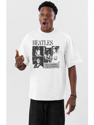 Fuddy Moda Unisex The Beatles Hello Goodbye Baskılı Tişört, Oversize Rock Band Temalı Bisiklet Yaka T-Shirt