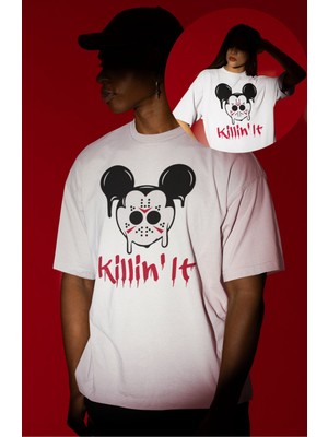 Fuddy Moda Unisex Killin It Yazılı Tişört, Oversize Korku Filmi Hallowen Temalı T-Shirt