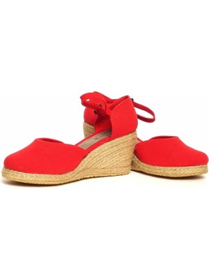Dolgu Topuk Keten Ön Arka Düz Sandalet Kırmızı 38
