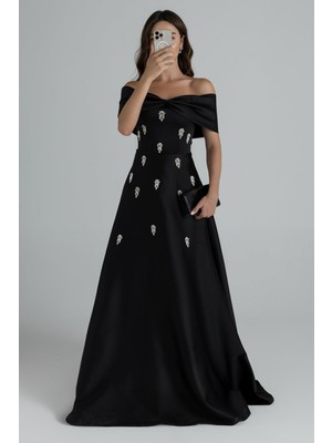 Madonna yaka taş Detaylı Kiloş Uzun saten Abiye