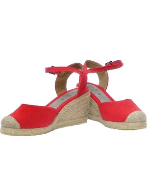 Dolgu Topuk Keten Ön Hasır Arka Açık Sandalet Kırmızı