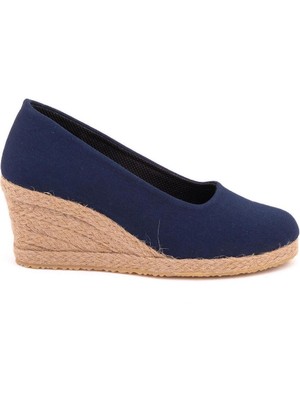 Gerçek Elişi Lacivert Keten Espadril Dolgu Topuk Handmade