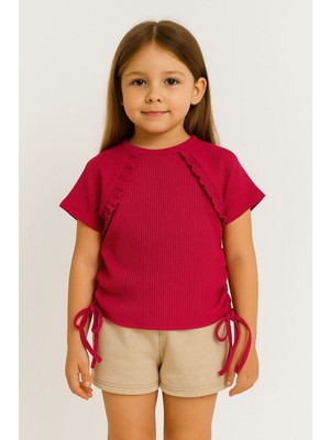 Miniğimin Cicileri Yandan Bağlama Detaylı Kaşkorse Kız çocuk crop - Fuşya