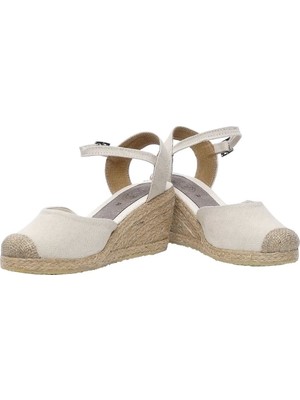 Dolgu Topuk Keten Ön Hasır Arka Açık Sandalet Bej