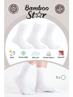 Bamboo Star Bambu Erkek Yazlık Soket Klasik Uzun Düz Beyaz Çorap Dikişsiz Premium 3 Lü Paket