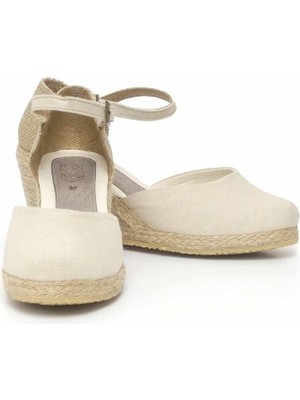 Dolgu Topuk Keten Ön Düz Arka Hasır Sandalet Bej