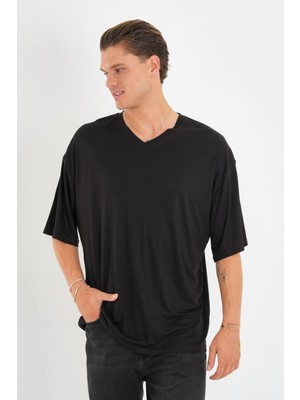 Alexander Gardi Alexandergardı V Yaka Oversize T-Shirt  Pamuk Erkek Basic Kısa Kol Siyah Renk
