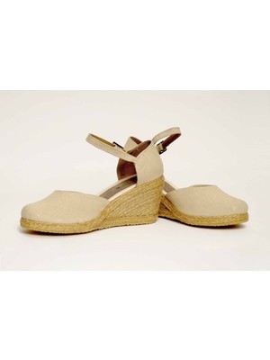 Dolgu Topuk Keten Ön Arka Düz Sandalet Bej
