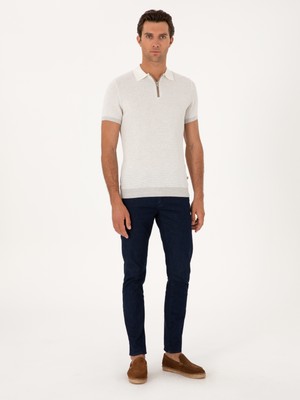 Cacharel Erkek Açık Gri Slim Fit %100 Pamuk Fermuarlı Polo Yaka Triko T-Shirt 50305981-VR001