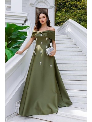 Madonna yaka taş Detaylı Kiloş Uzun saten Abiye