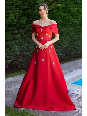 Madonna yaka taş Detaylı Kiloş Uzun saten Abiye