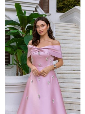 Madonna yaka taş Detaylı Kiloş Uzun saten Abiye