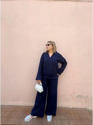 Rahat Kalıp Lacivert Müslin Takım – Ikili Kombin (Gömlek + Pantolon)