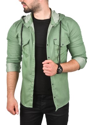 Deepsea Kapüşonlu Cepli Slim Fit Likralı Kot Gömlek 2300396