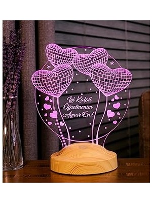 Öğretmene 3D LED Lamba - Balon Kalpli Tasarımlı, Öğretmenler Günü ve Mezuniyet Hediyesi, Isiml