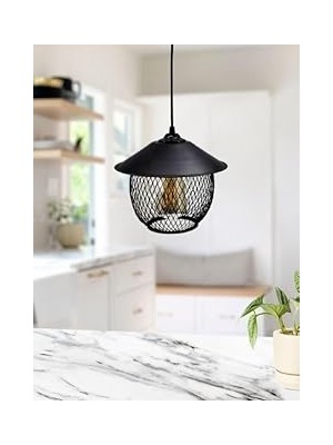 Siyah Endüstriyel Şapkalı Hasır Tel Küre Model Cafe Restaurant Tekli Sarkıt Avize Aydınlatma