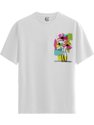 Color Luxe Bloom Sketch - %100 Pamuklu Erkek Beyaz Tişört - Premium Quality