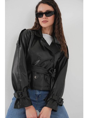 Bigdart Kemerli Siyah Kadın Deri Ceket 1046