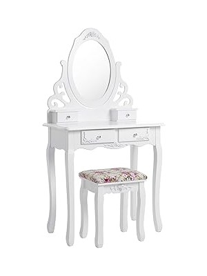 Songmics Makyaj Masası, Ayna ve Tabure ile Oyuk Makyaj Masası, 4 Çekmece, Eğim Koruması, Beyaz Rdt0