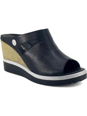 Mammamia 1455 Hakiki Deri Günlük Kadın Terlik-Siyah