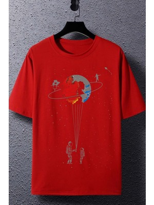 Unisex Evren Temalı Baskılı Kısa Kol T-Shirt