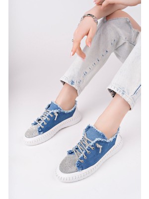 Damsel Bağcıklı Taşlı Kadın Günlük Denim Mavi Sneaker Spor Ayakkabı