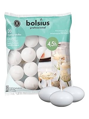 Bolsius Yüzen Mumlar, 4,5 Saat  Süreli, Ø 4,5 cm Çapında, Beyaz, 20 Adet