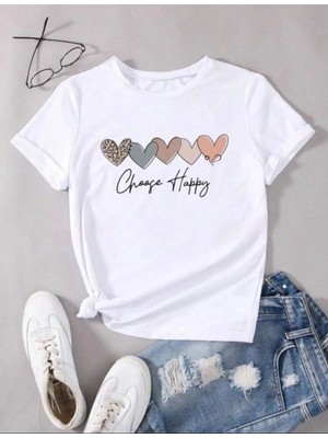 Unisex Pamuklu Choose Happy Kalp Ön Baskılı Tasarım Tshirt