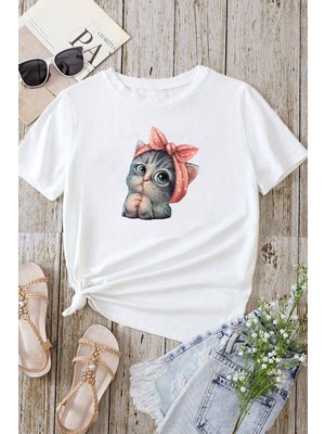 Unisex Sevimli Kedi Baskılı Tasarım T-Shirt