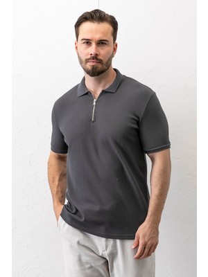 Erkek Polo Yaka Fermuar Detaylı Dokulu T-Shirt Antrasit - 2914
