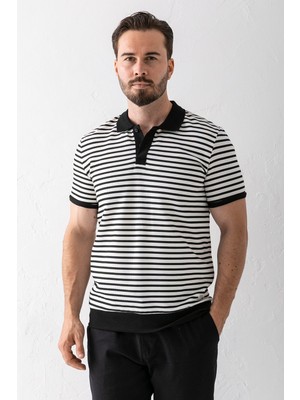 Erkek Polo Yaka Düğme Detaylı Çizgili T-Shirt Siyah - 2999-2