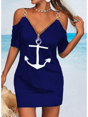 Passense Fermuar Detay Çıpa Baskılı Zincir Askılı Viskon Elbise