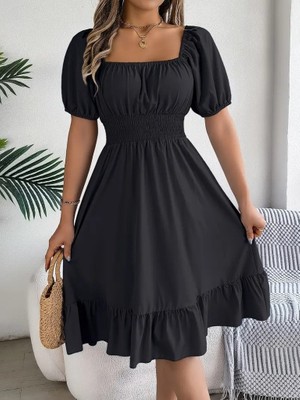 Arben Boutique Kadın Kısa Kollu Kare Yakalı Beli Lastikli Kısa Trikoton Elbise