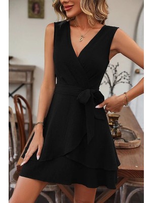 Ag Shoppings Kadın Kolsuz Kruvaze Yakalı Belden Kuşaklı Janjan Krep Elbise