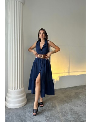 Arben Boutique Müslin Elbise Gömlek Yaka Kolsuz Önden Düğmeli - Lacivert